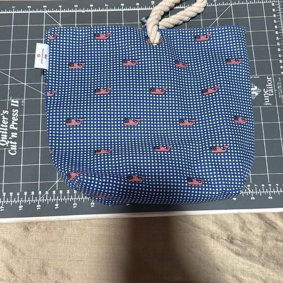 Vineyard Vines Fourth of July Americana Blue gingham Whale Print wine Tote Bag - Picture 2 of 5